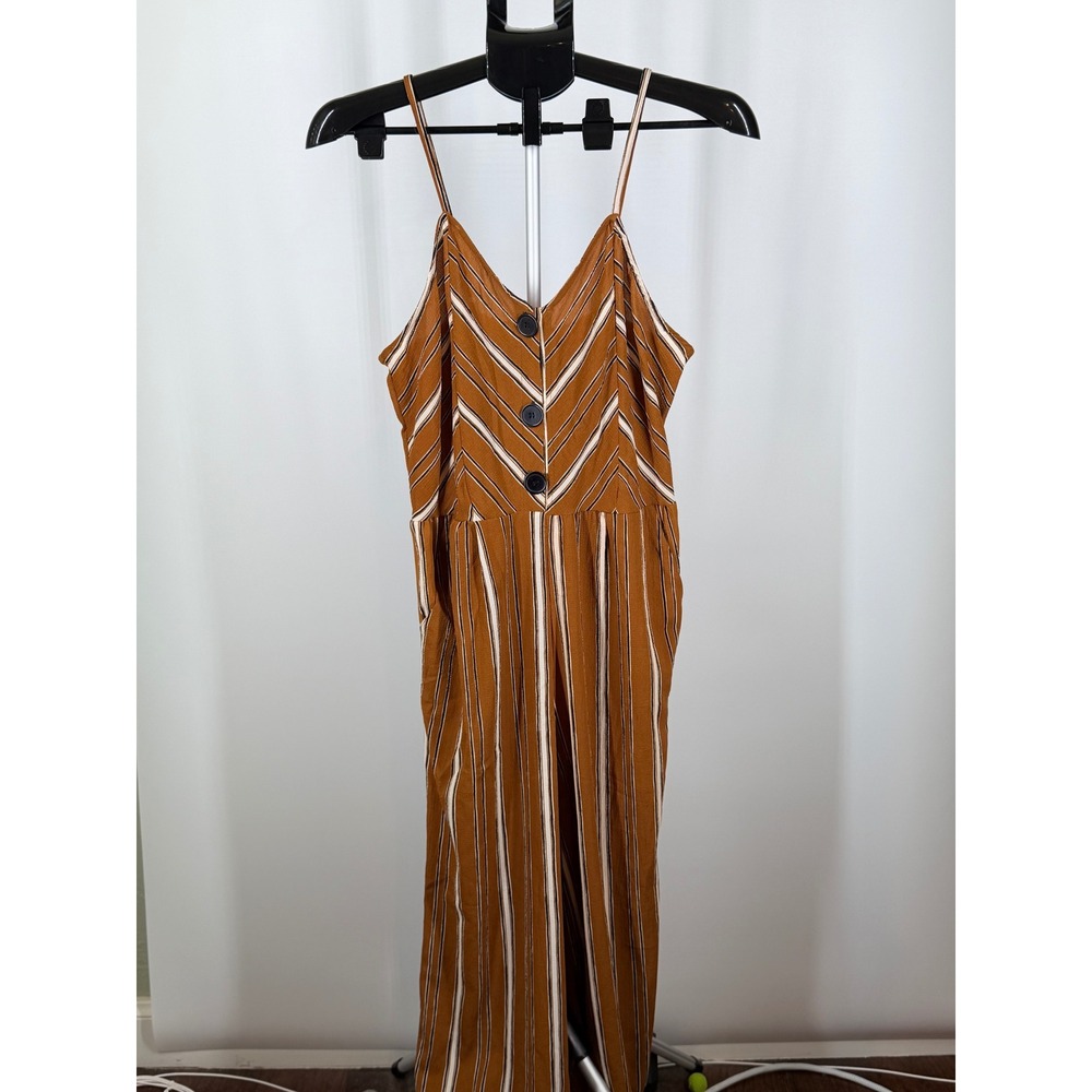 Angie Striped Wide Leg Jumpsuit Rust Brown Button Front Smocked Back NWT Size M